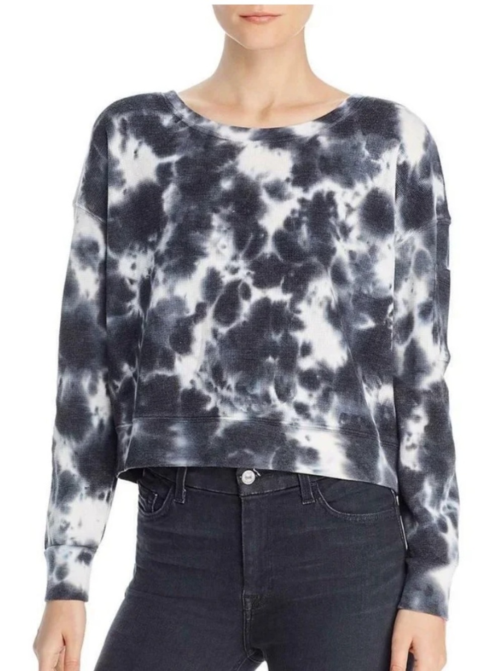 Splendid Cloud Tie Dye Waffle Pullover in Black and White